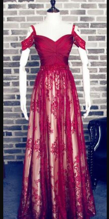 Spaghetti Strap Red Lace Long Prom Dress A Line Evening Party Dresses Custom Made Prom Gowns
