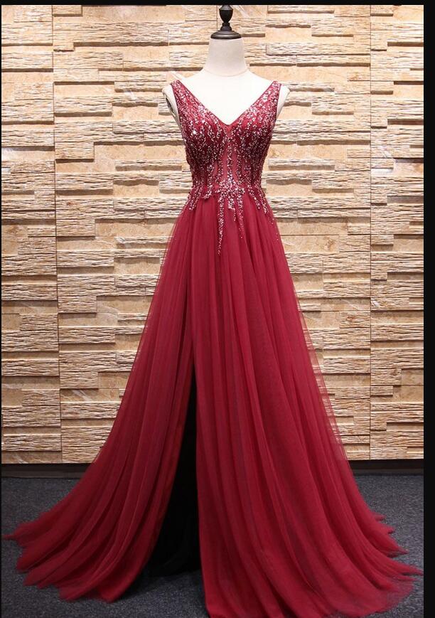 Sexy V-neck Prom Dress, Beaded Prom Gowns , Off Shoulder Women Evening Dress, Plus Size Wedding Prom Gowns