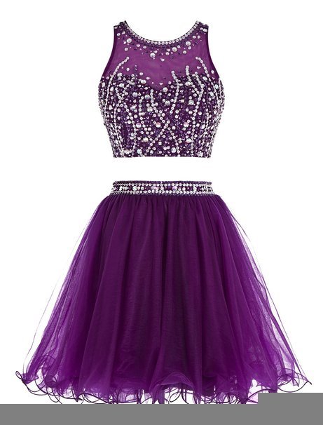 Two Pieces Crystal Beaded Purple Tulle Homecoming Dress Short , Mini Prom Dress,women Party Dress