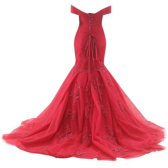 Red Lace Appliqued Long Prom Dress Mermaid Off The Shoulder Women Party ...