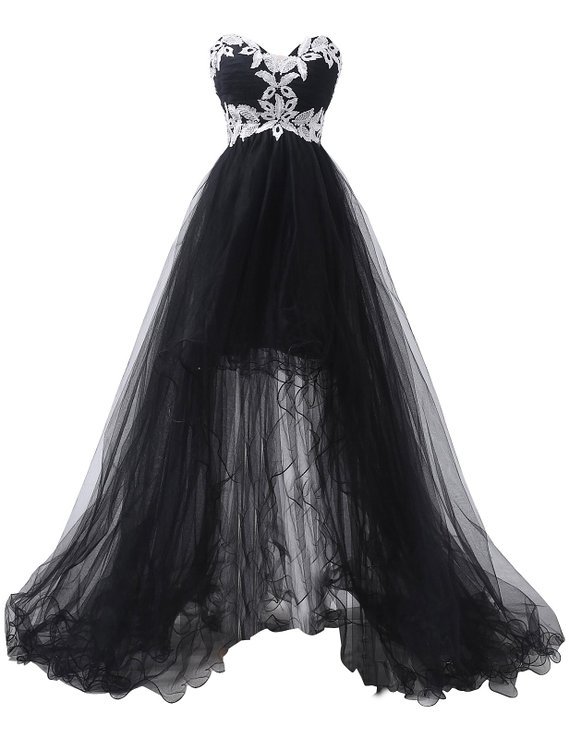Black Tulle High Low Prom Dress With White Lace, Sweet 16 Prom Gowns , Sexy Ball Gown Prom Gowns