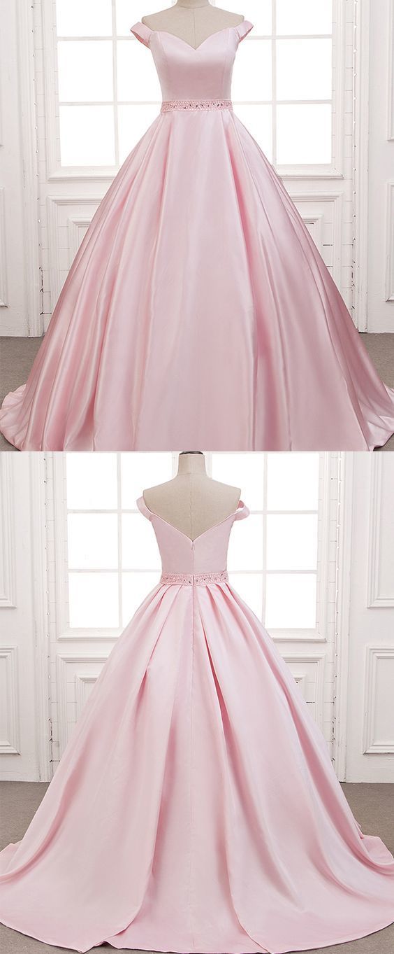 Light Pink Satin Long Prom Dress Ball Gown Women Evening Dress, Beaded Prom Gowns ,plus Size Quinceanera Dresses