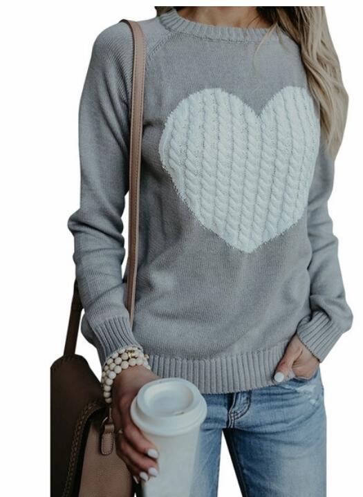 Gray Women Winter Autumn Sweather With Print Heart Long Sleeve Sweater ,loose Pullover Knit Sweater