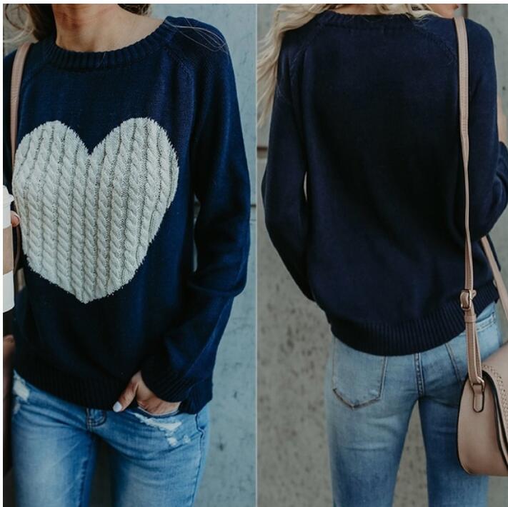 Women Winter Autumn Sweather With Print Heart Long Sleeve Sweater ,loose Pullover Knit Sweater，navy Blue Sweater