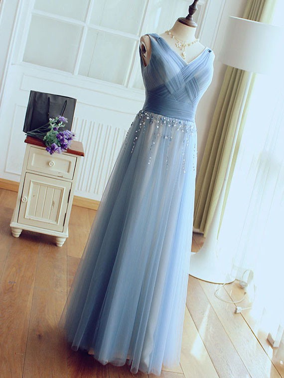 Sexy V-neck Tulle Prom Dress, Light Blue Long Prom Dress, Sexy Beaded Women Dress, Formal Evening Dress