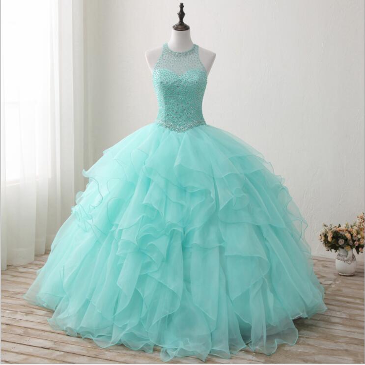 High Neck Beaded Long Prom Dress.,sheer Backless Pricess Quinceanera Dress, Ball Gowns 15 Quinceanera Gowns .