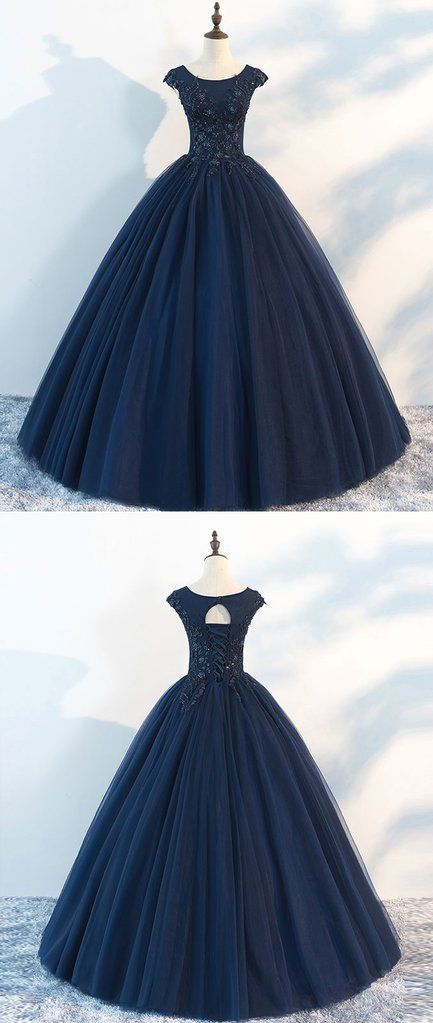 A Line Dark Blue Tulle Scoop Neck Long Prom Dress, Sexy Backless Formal Evening Gowns .Wedding Party Gowns 