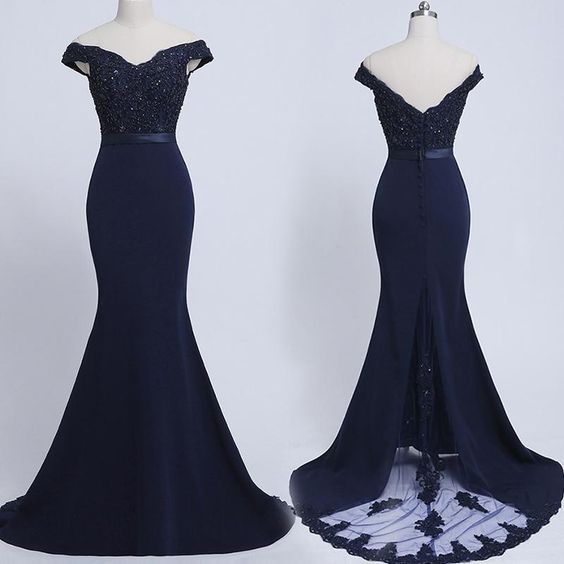 Navy Blue Off The Shoulder Mermaid Prom Dress With Lace Appliqued, Fashion Women Bridesmaid Dress, Formal Evening Party Gowns