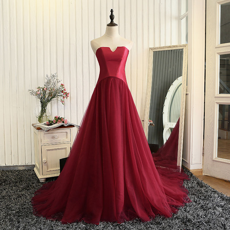 Burgundy Tulle A Line Strapless Long Prom Dress 2019, Sexy Formal Evening Party Dress, Women Summer Prom Gowns Plus Size