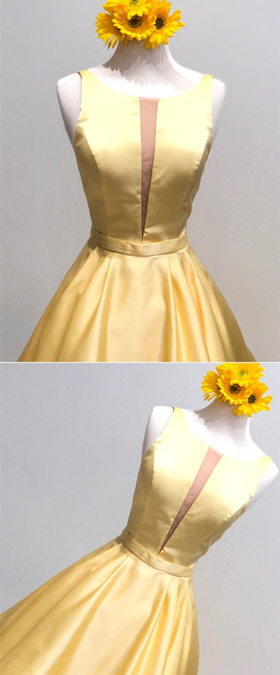 Stunning Yellow Satin Short Cocktail Party Dress ,yellow Satin Short Homecoming Dress, Junior Party Gowns .