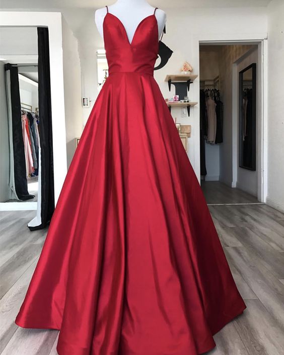 Fashion Red Satin Prom Dress, Spaghetti Strap Long Prom Party Gowns ,women Wedding Party Gowns