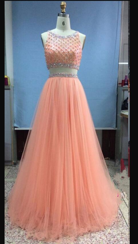 Sparkly Beaded Crystal Orange Tulle Two Pieces Women Prom Dress, Formal Evening Dress, A Line Prom Gowns