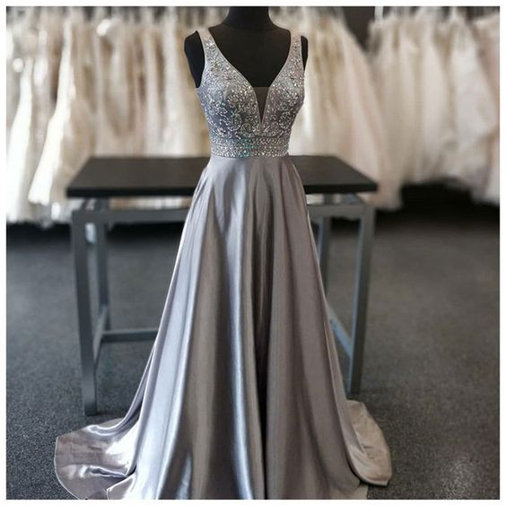 Sparkly Crystal Beaded Gray Satin Long Prom Dress A Linw Women Pageant Party Gowns ,formal Prom Gowns