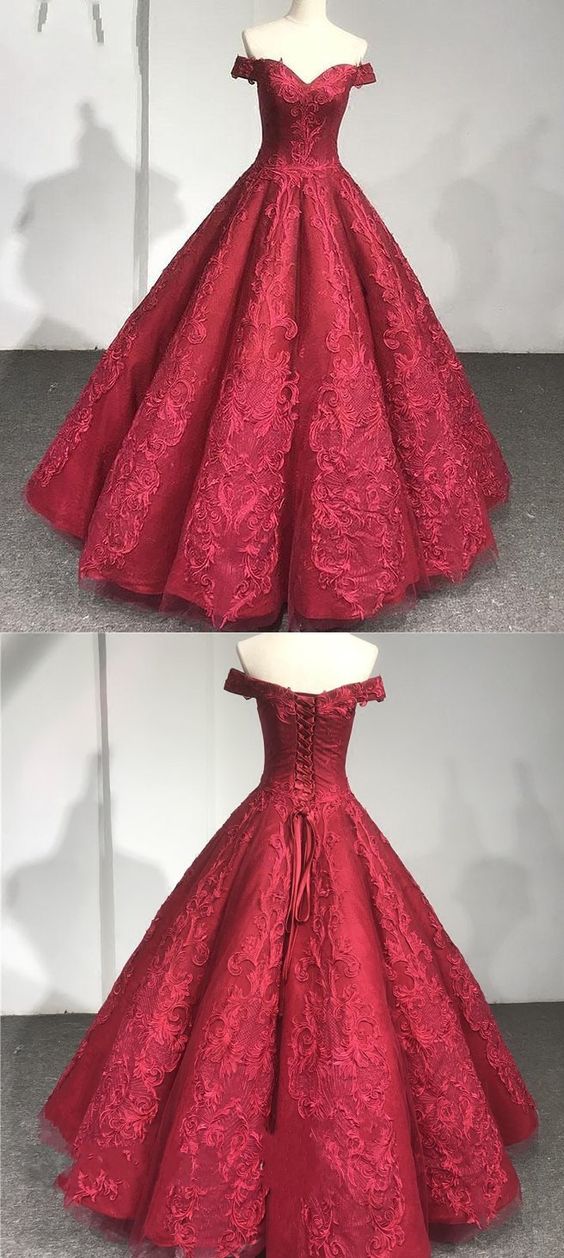 Off The Shoulder Burgundy Lace Ball Gown Prom Dresses, Sweet 16 Prom Gowns , Sexy Pricess Quinceanera Gowns For 15 Years