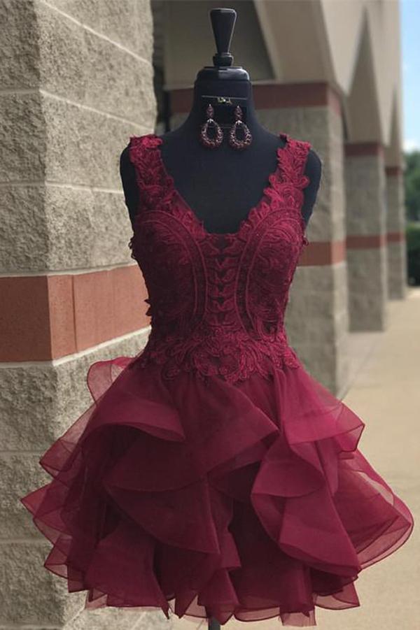 Backless Burgundy Tulle Short Homecoming Dress, Short Cocktail Party Gowns ,plus Size Prom Dress Short
