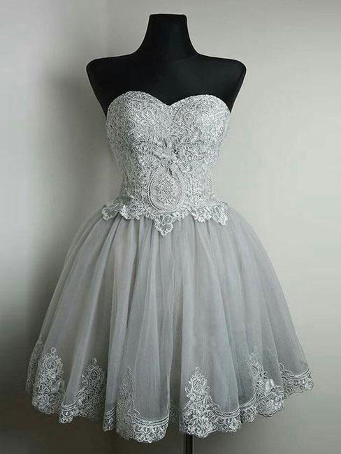 Elegant Sweet Light Gray Lace Homecoming Dress Short , Strapless Lace Prom Dress Short ,mimi Cocktail Party Gowns
