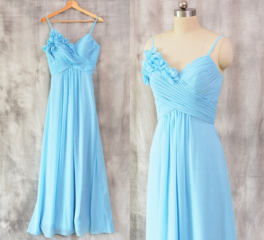 Sky Blue Chiffon Ruched Long Bridesmaid Dress, Maid Of Honor Gowns , Custom Made Women Party Gowns