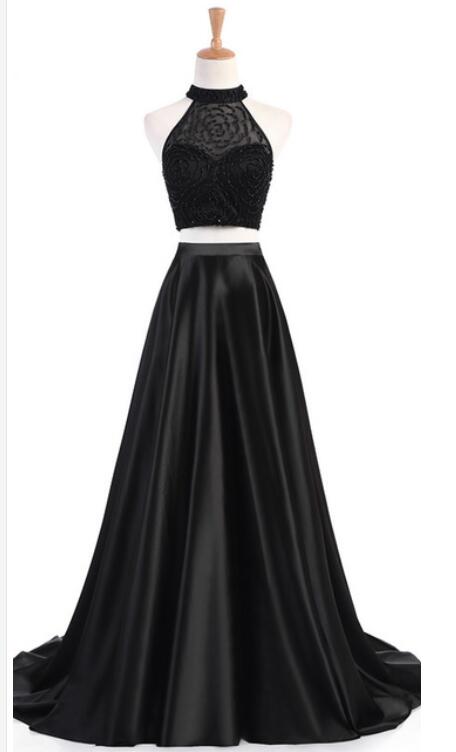 Luxury Beaded Crystal High Neck Two Pieces Prom Dress,black Satin Long Prom Dresses, Formal Evening Party Gowns