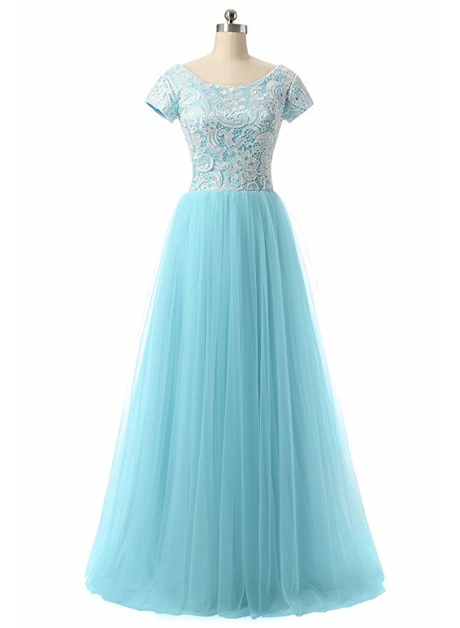 A Line Light Blue Tulle Long Prom Dress 2019 Women Lace Prom Gowns Plus Size Bridesmaid Dress With Short Sleeve