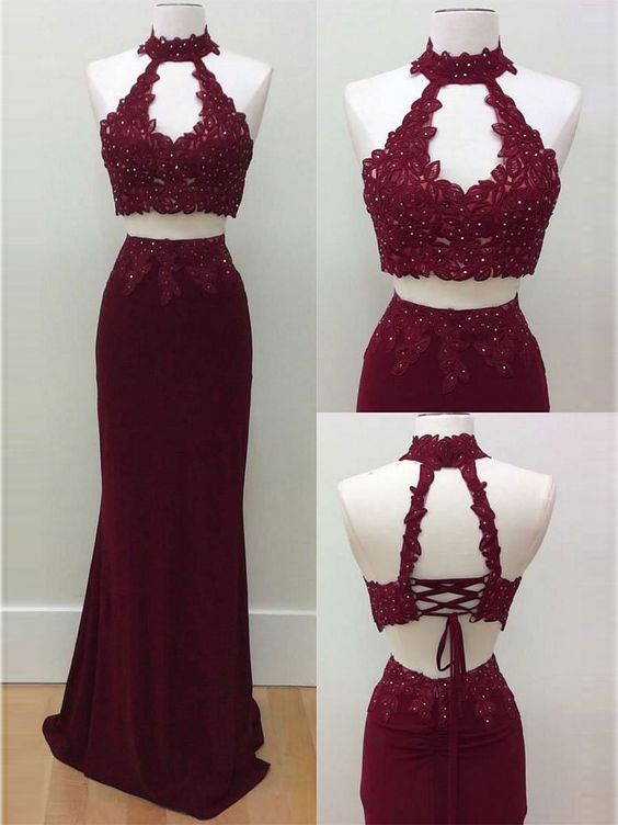 Two Pieces High Neck Lace Prom Dress Burgundy Chiffon Women Party Dresses Plus Size Pageant Gowns