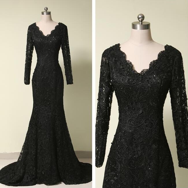 Elegant Black Lace Prom Dress V-neck Formal Evening Dress With Long Sleeve ,mermaid Prom Gowns