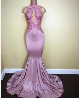Purple High Neck Long Prom Dress Mermaid Women Party Gowns , Sexy Long Prom Gowns