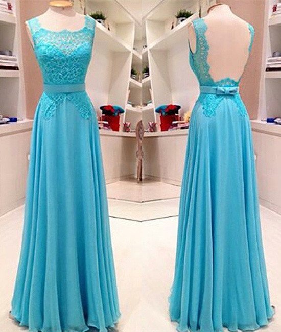 Fashion Sexy Back Open Blue Lace Prom Dress A Line Women Prom Gowns Floor Length Formal Prom Dresses