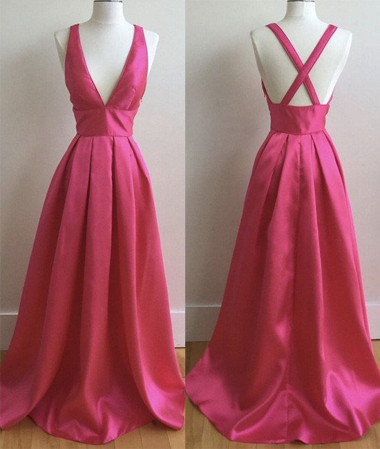 Sexy A Line V-neck Fuchsia Satin Long Prom Dress Women Party Dress ,plus Size Evening Party Gowns .