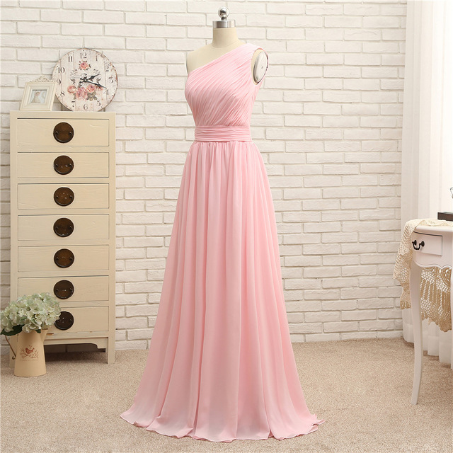 One Shoulder Pink Ruched Long Bridesmaid Dress Custom Made Prom Gowns A Line Women Party Gowns