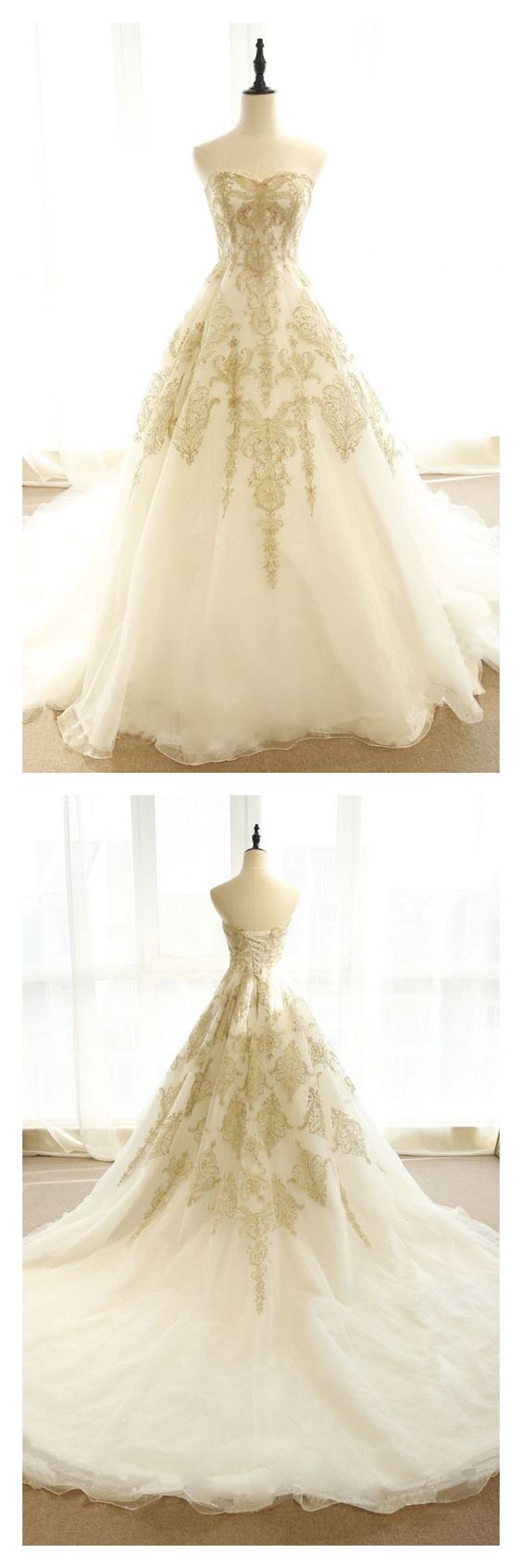 Elegant Gold Lace Sweet Pricess Wedding DRESS,Custom Made Women Bridal Dress 