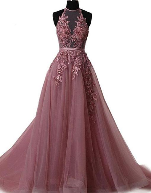 Sexy High Neck Lace Prom Dress A Line Tulle Formal Evening Dress, Plus Size Off Shoulder Long Prom Gowns ,