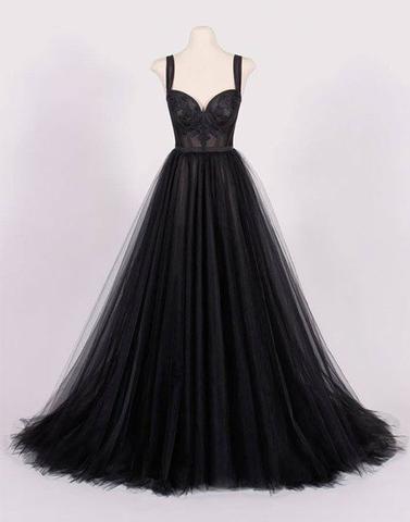 Spaghetti Straps Black Tulle Ball Gown Prom Dress, Strapless Women Evening Dress, Fashion Sexy Pricess Prom Gowns
