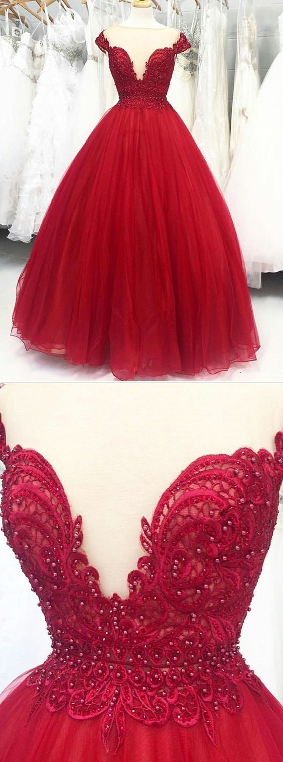 Red Lace Prom Dress Ball Gown Quinceanera Dress 2019 Sheer Neck Women Wedding Party Dress ,sexy Beaded Prom Gowns