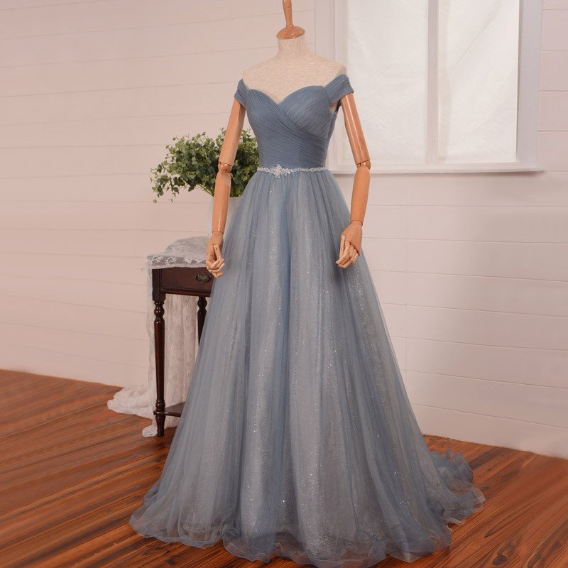 Fashion Grey Tulle Long Evening Dresss, Off The Shoulder Women Party Dress, Long Prom Dresses