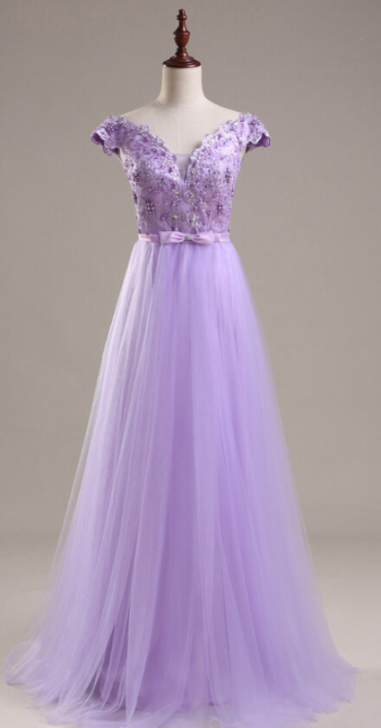 A Line Light Purple Lace Prom Dress ,a Line Prom Gowns , Long Prom Gowns , Bridesmaid Dress Long