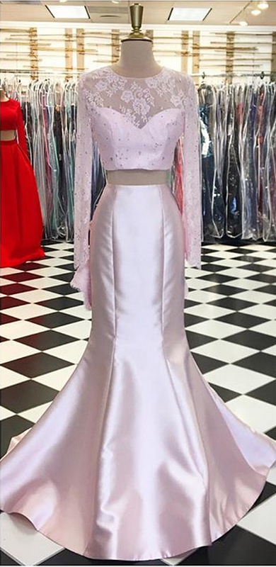 Two Pieces Long Prom Dress, Mermaid Light Pink Lace Prom Dress With Sleeve ,plus Size Sexy Backless Formal Evening Dress