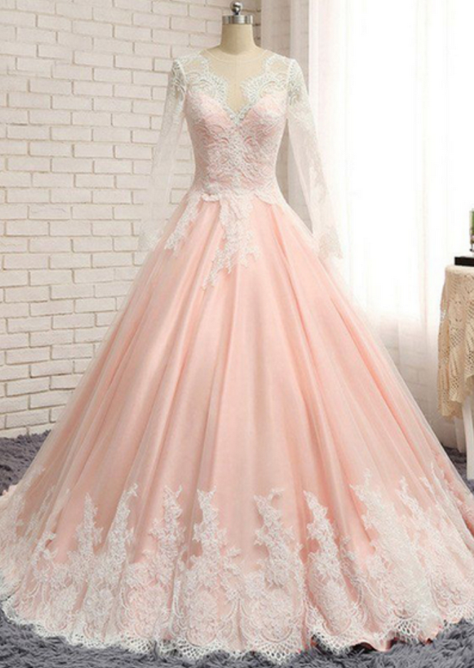 Sexy Ball Gown Blush Pink Lace Prom Dress With Long Sleeve Fashion Women Evening Dress For Quinceanera Dress