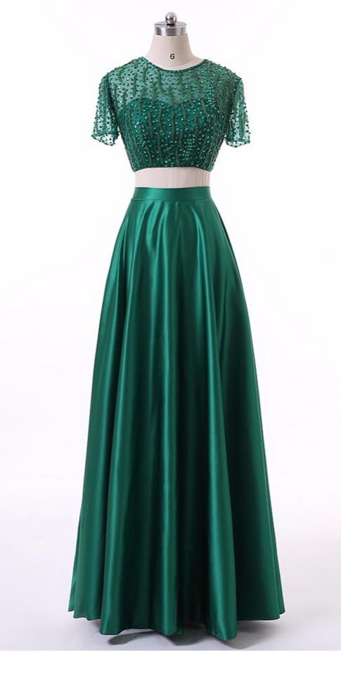 Two Pieces Beaded Prom Dress,long Green Satin Long Prom Dresses, Formal Evening Dress Custom Made