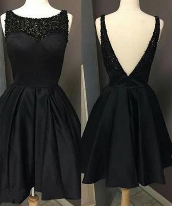 Black Satin Scoop Short Prom Dress Back Open Women Short Homecoming Party Gowns ,custom Made Party Dress