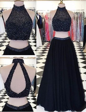 Shiny Black Tulle Two Pieces Prom Dress, Long Beaded Tulle Prom Dress, Formal Evening Dress, Women Party Gowns Long