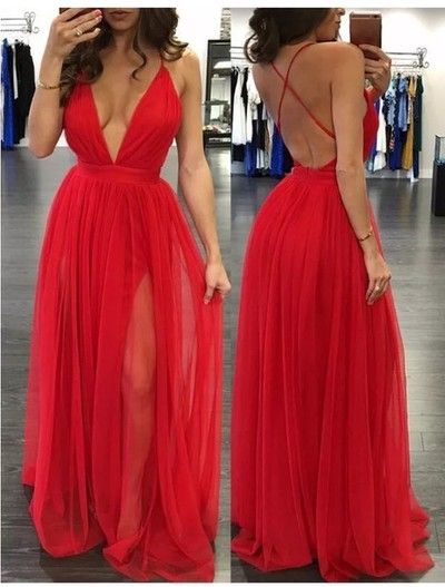 Red Chiffon Pleated Long Prom Dress Floor Length Sexy V-neck Women Party Gowns A Line Women Gowns