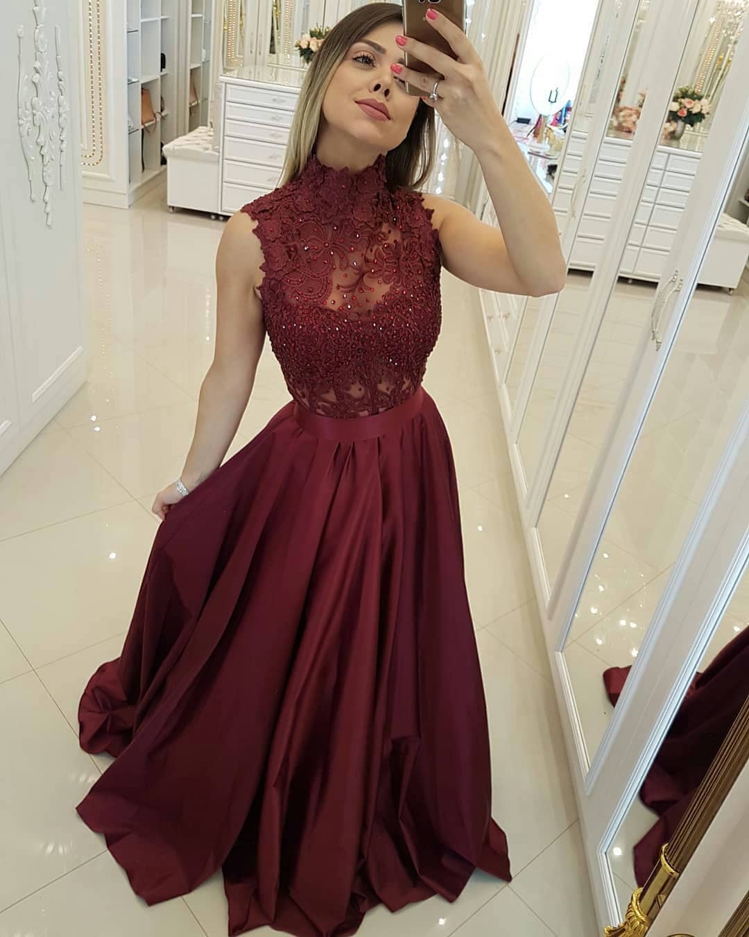 Burgundy Lace Prom Dress, Sexy A Line Prom Party Dresses, Women Party Gowns , Plus Size Formal Evening Dresses