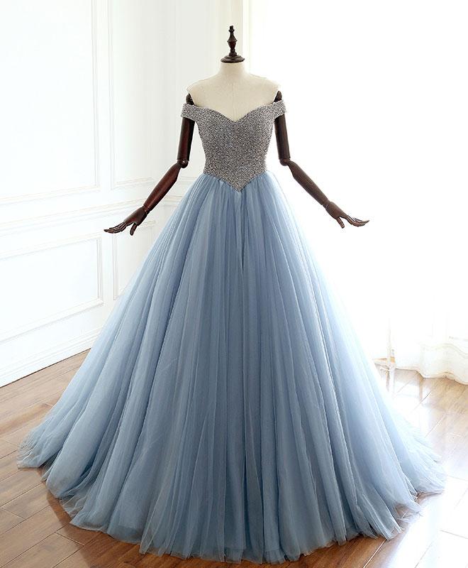 Luxury Beaded Crystal Light Blue Long Prom Dress Custom Made Prom Party Gowns , Formal Evening Dress . Women Dress