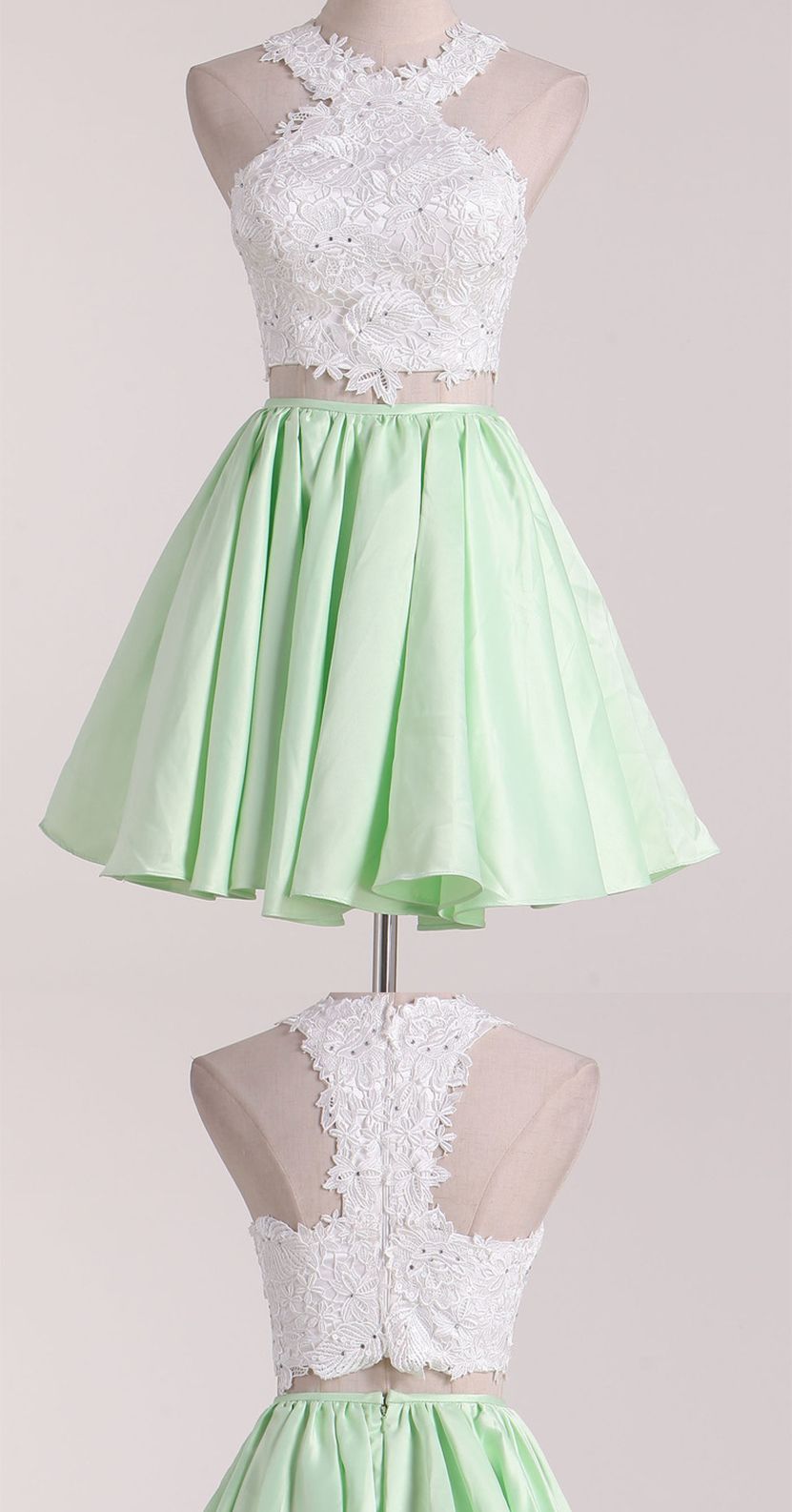 Two Piece Lace Short Homecoming Dress, Sexy Scoop Satin Short Prom Dress, Light Green Satin Two Pieces Prom Dress Short .