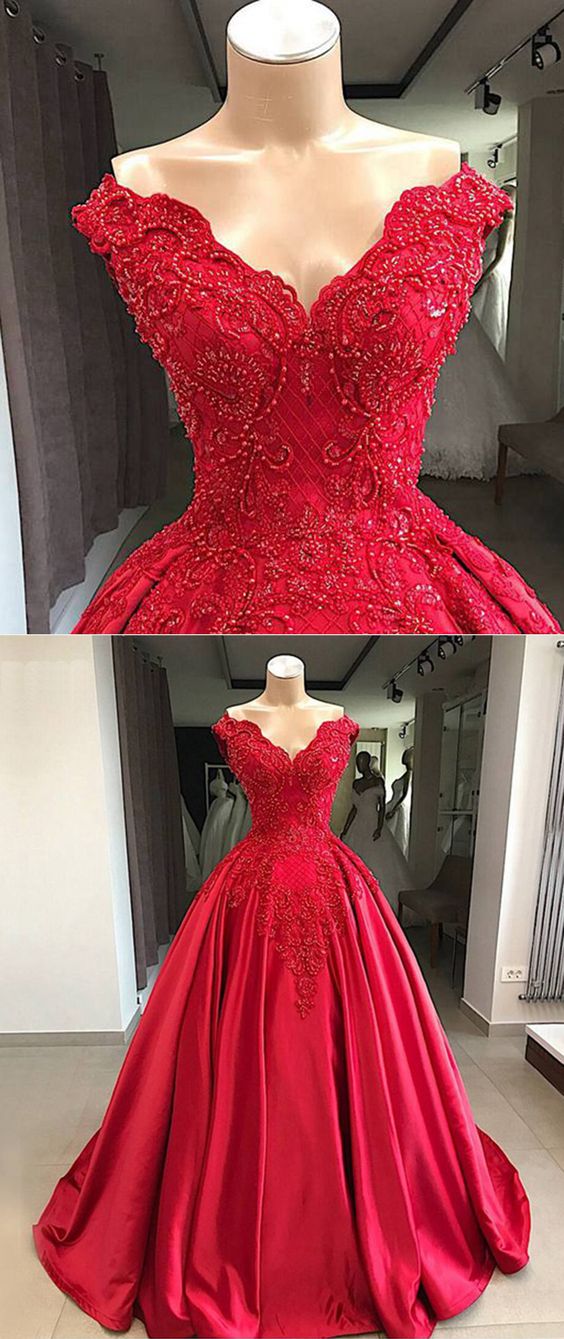 Charming Red Satin Long Prom Dress Plus Size Sweet Quinceanera Dress Custom Made Beaded Prom Gowns , Formal Evening Dress, Ball Gown Prom Gowns