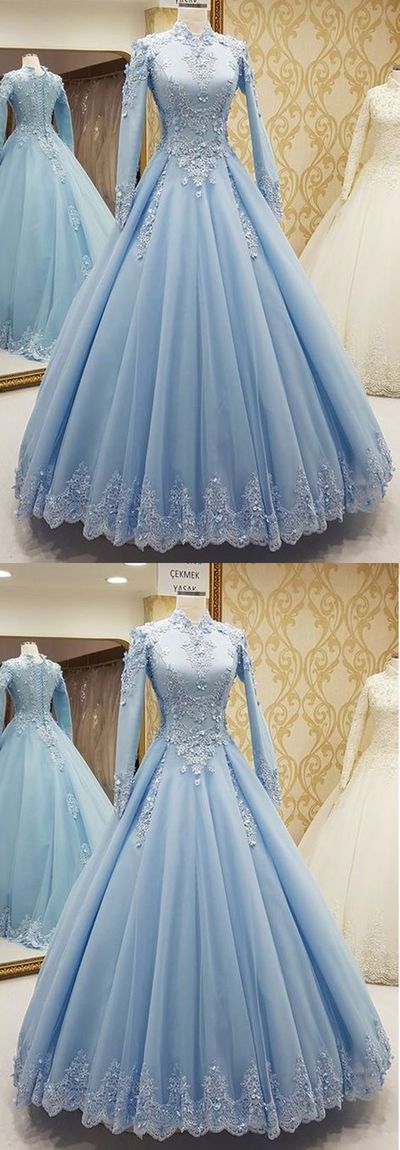 High Neck Tulle Muslim Evening Dress, A Line Women Prom Dress, Long Prom Gowns ,long Sleeve Blue Tulle Prom Gowns