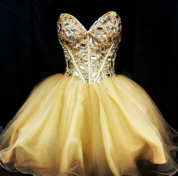 Luxury Gold Crystal Short Homecoming Dress, Sweet 16 Prom Gowns , Short Prom Dress