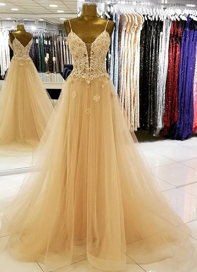 Champagne Tulle Long Prom Dress Plus Size A Line Women Prom Gowns ,custom Made Formal Evening Dress ,lace Prom Gowns