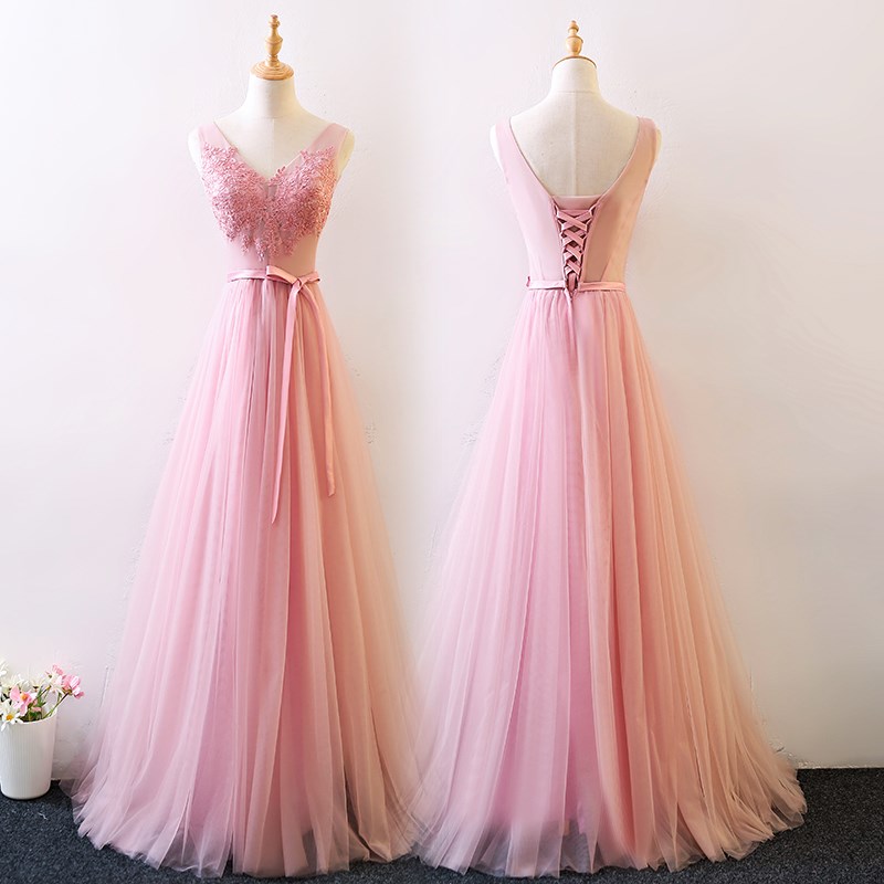 A Line Pink Tulle Long Prom Dress Custom Made Lace Prom Gowns ,long Bridesmaid Dress