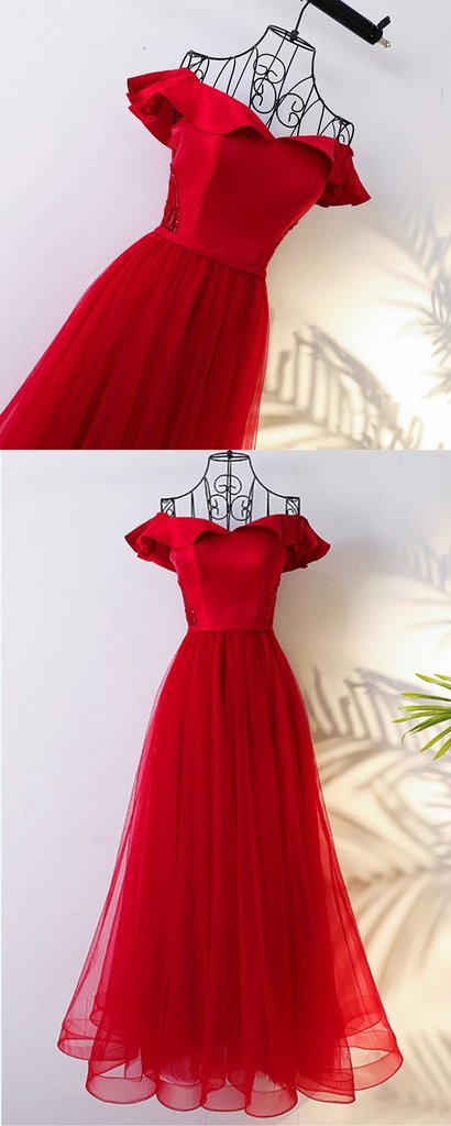A Line Red Tulle Long Prom Dress Off Shoulder Women Party Gowns Custom Made Evening Party Dress